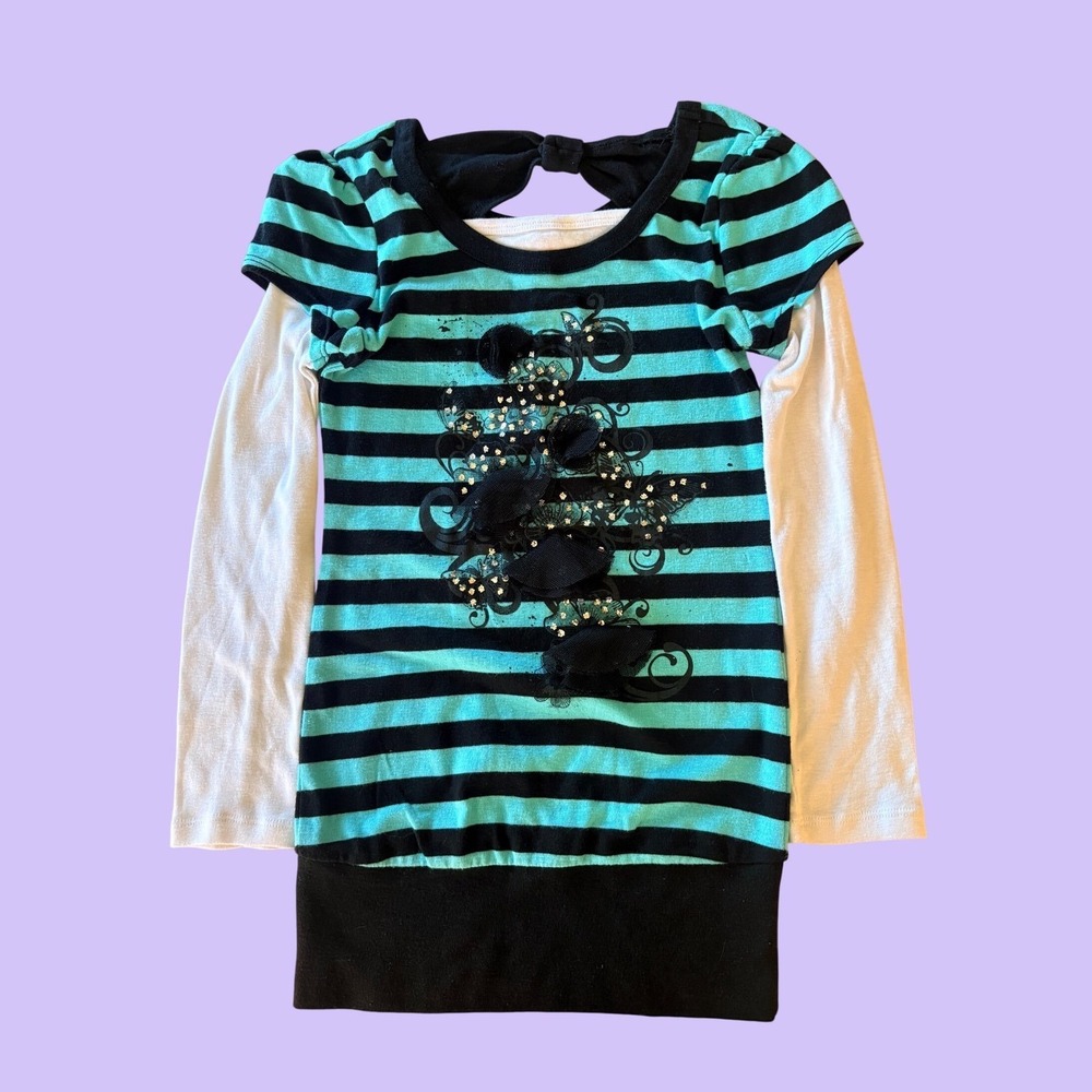Y2K Knit Works Teal Scene Striped Graphic Layered Top #17